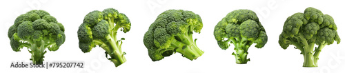 A row of broccoli heads are shown in various sizes and orientations Set of png elements.