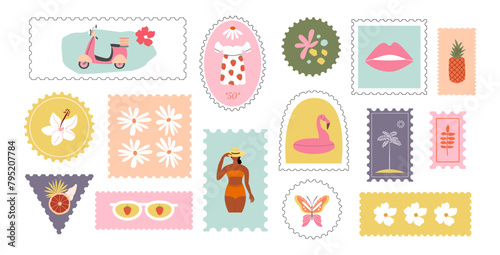 Retro summer stickers and stamps. Holiday vibes. Black young women, fruits, tropical exotic leaves and flowers, flamingo. Exotic background, badge, label.