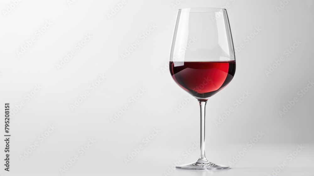 wine glass filled with deep ruby red wine, set against pure white minimal studio backdrop