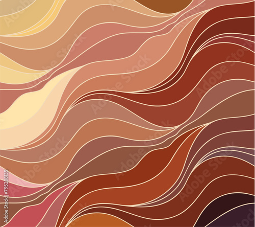 An art piece showcasing waves in varying shades of brown, peach, magenta, and electric blue. The pattern and slope of the waves create a mesmerizing visual event