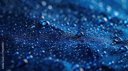 Water drops on blue fiber waterproof cloth Waterproofing concept