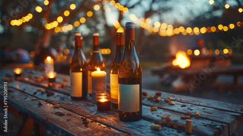 Outdoor wine setup with candles and lights photo