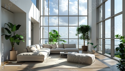 Modern living room interior with large windows and green plants © Zhenrui