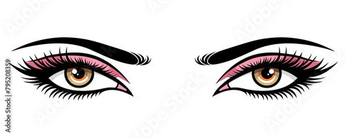 Hand-drawn beauty female eyes with perfectly shaped eyebrows and very thick eyelashes. The idea for a business card, vector design. The perfect image for a beauty salon
