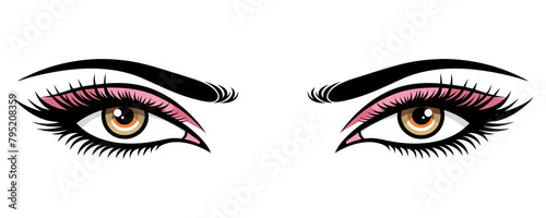 Hand-drawn  beauty female eyes with perfectly shaped eyebrows and very thick eyelashes. The idea for a business card, vector design. The perfect image for a beauty salon