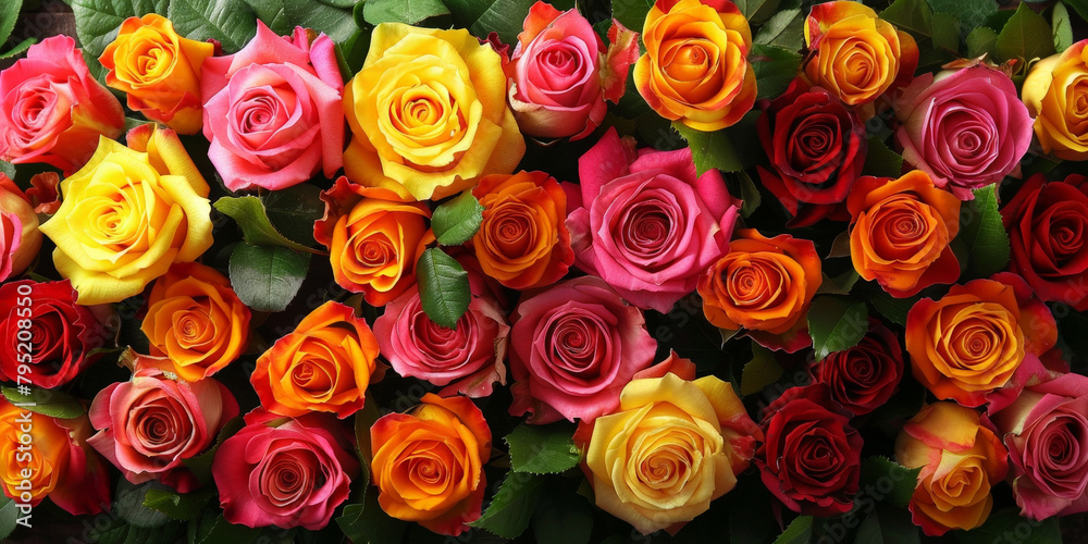 Naklejka premium close up red yellow pink roses background, colorful roses
