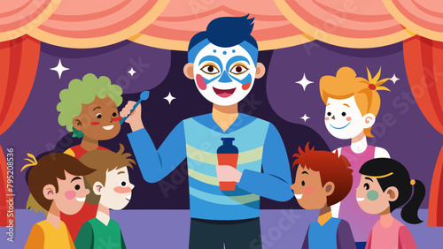 A professional face painter adds the finishing touches to each childs transformation into a character from the theater performance adding to
