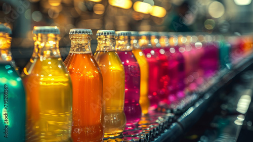 Colorful beverage bottles on a factory conveyor belt.