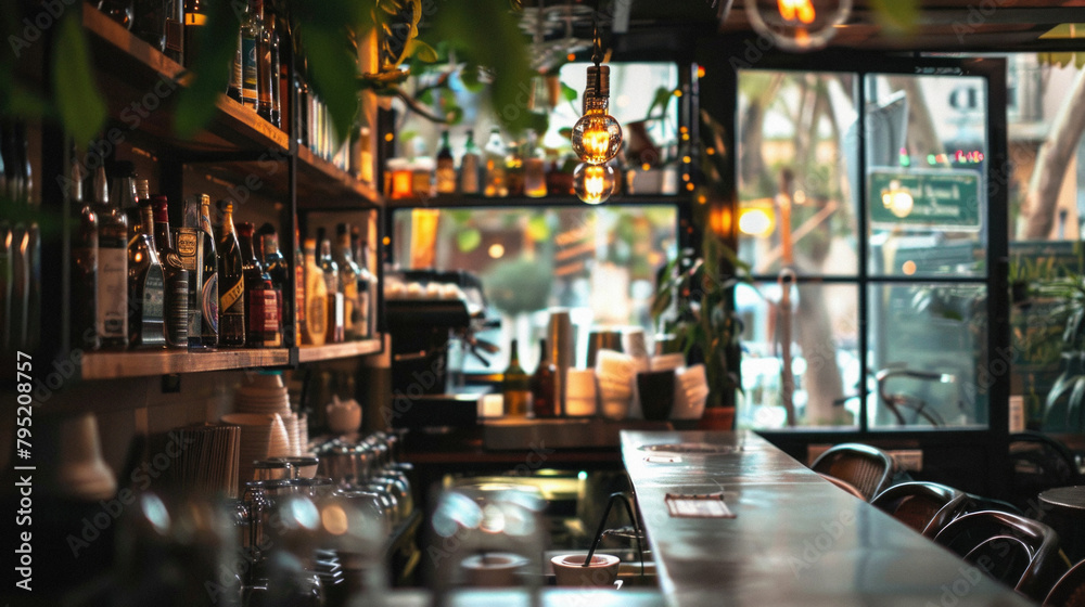 A bar with a lot of bottles and glasses on the counter