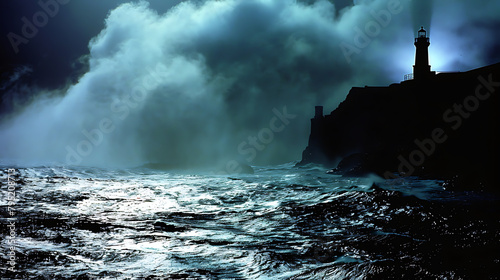 A moonlit seascape with a lighthouse on a cliff, guiding light beams cutting through the fog over turbulent ocean waves, creating a mysterious and dramatic atmosphere. - (1)