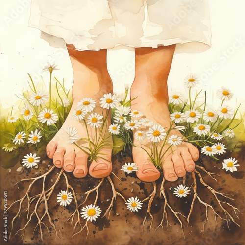 A playful depiction of feet where the toes turn into roots and sprout daisies, grounding in nature, the connection between walking the earth and nurturing life, soil browns and daisy whites , vivid wa