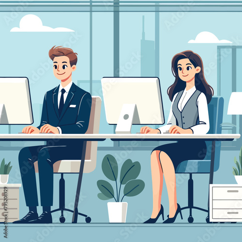 illustration of a business man and a business woman working on a computer in an office