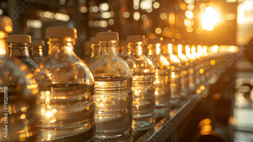 Bottling plant conveyor with water bottles.