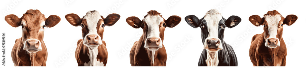 A row of cows with different colored faces Set of png elements. A row of cows with different colored faces Set of png elements.