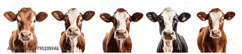 A row of cows with different colored faces Set of png elements.