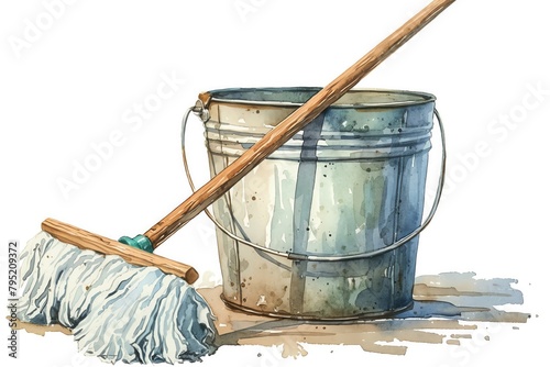 A rustic illustration of an oldfashioned mop and bucket, wooden handle and sturdy metal bucket, a nod to traditional cleaning methods, vivid watercolor, white background, isolate