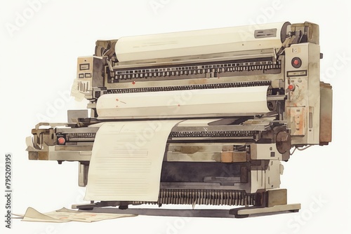 A rustic illustration of an oldfashioned dot matrix printer, the paper feed and continuous form paper evoking nostalgia, sepia tones and faded grays, vivid watercolor, white background, isolate photo
