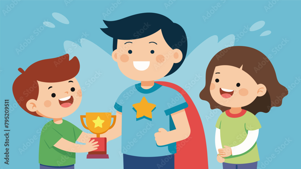 A younger sibling proudly watching their older sibling receive a Super Sibling Day award for their caring and selfless acts towards each other. A younger sibling proudly watching their older sibling receive a Super Sibling Day award for their caring and selfless acts towards each other.