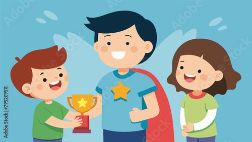 A younger sibling proudly watching their older sibling receive a Super Sibling Day award for their caring and selfless acts towards each other.