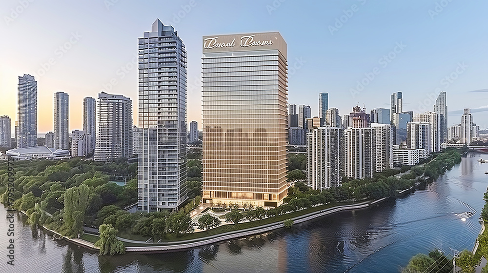 Fototapeta premium A city skyline with a large hotel in the middle