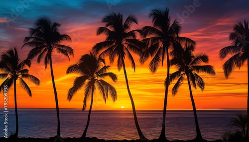 A striking image of a row of palm trees lining a beachfront  silhouetted against a vibrant sunset over the ocean  capturing a tropical paradise