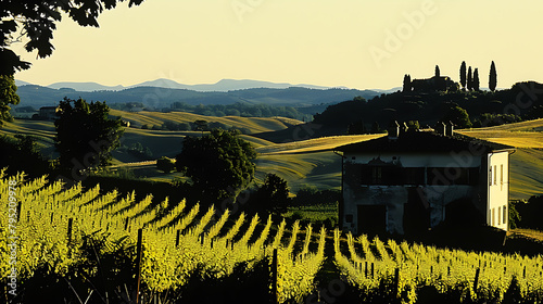 A sweeping view of the Tuscan hills during sunset, with rolling hills, vineyards, and scattered farmhouses illuminated by the golden sunlight, creating a warm and inviting atmosphere. - (3)