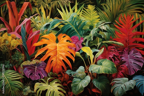 A vibrant display of tropical foliage featuring broad leaves and bright colors  ideal for botanical studies and exotic plant collections