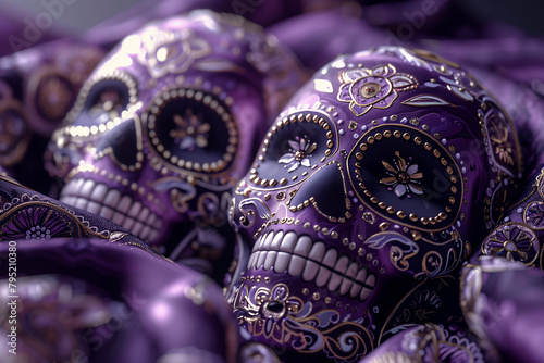 Wallpaper for mobile phones with the image of a skull and scarlet flowers on lilac fabric.