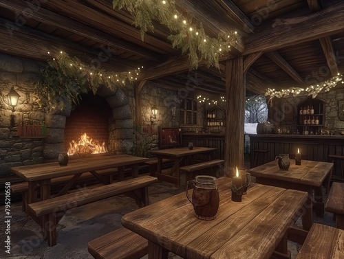 A cozy, rustic restaurant with wooden tables and benches, and a fireplace in the background. The atmosphere is warm and inviting, perfect for a meal or gathering with friends and family