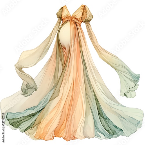 An elegant portrayal of a maternity dress, flowing and flattering cut, soft fabric colors against a chic backdrop, vivid watercolor, white background, isolate photo