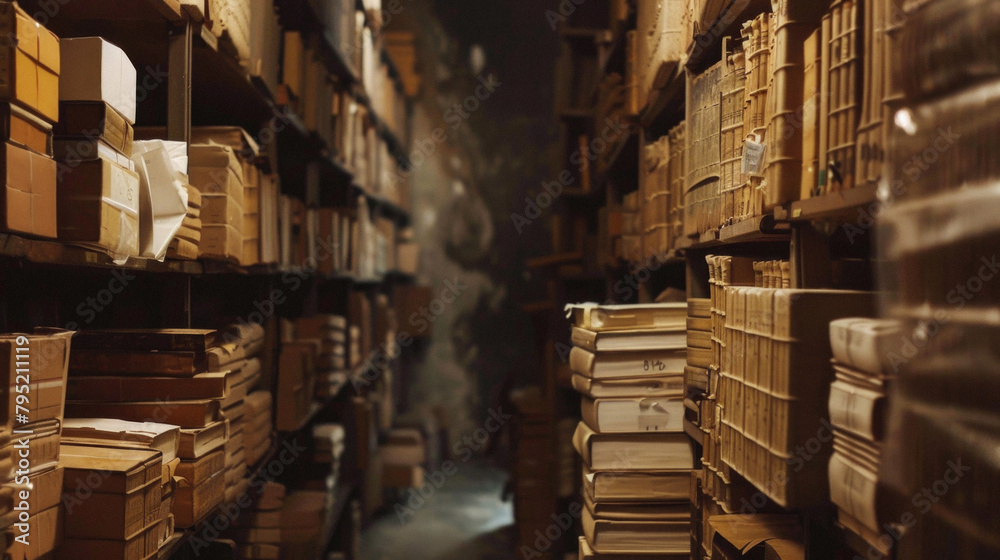 A library with many bookshelves and boxes A library with many bookshelves and boxes