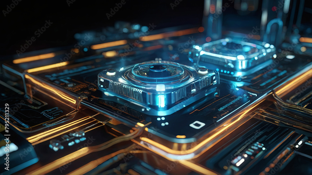 A computer chip with a blue and orange design A computer chip with a blue and orange design