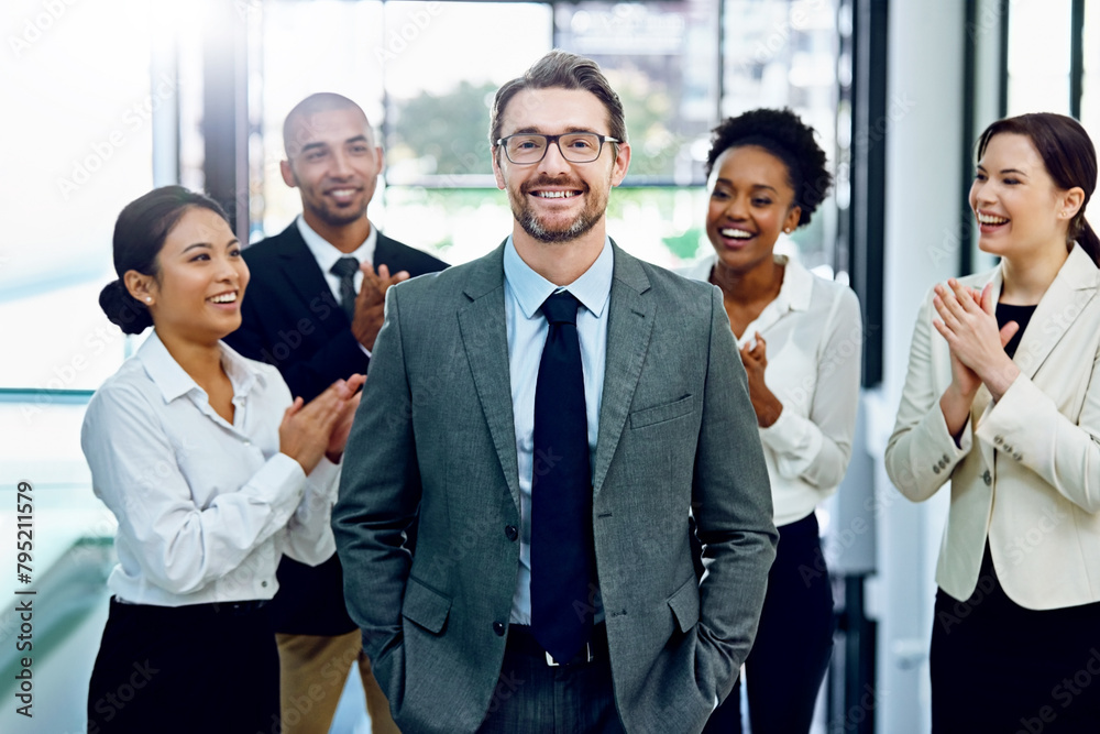Applause, portrait and businessman with team in office for good news, achievement or goal. Happy, gratitude and group of financial advisors clapping hands for mature male manager in workplace. Applause, portrait and businessman with team in office for good news, achievement or goal. Happy, gratitude and group of financial advisors clapping hands for mature male manager in workplace.