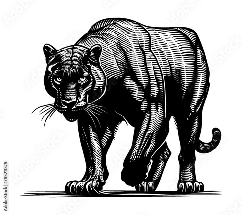 panther engraving black and white outline
