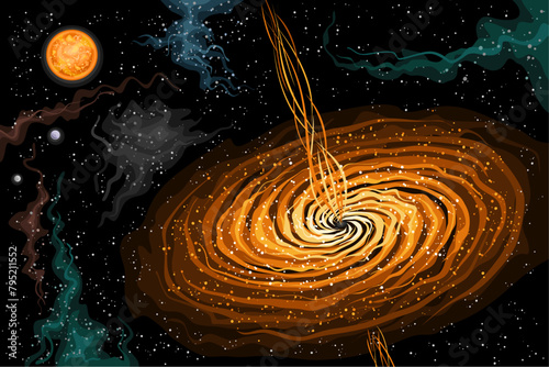Vector Space Black Hole, astronomical horizontal poster with cartoon design of supermassive black hole with orange beams in deep space, decorative futuristic cosmo print on starry space background