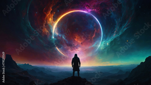 A man stands on a mountain top in front of a colorful, glowing circle