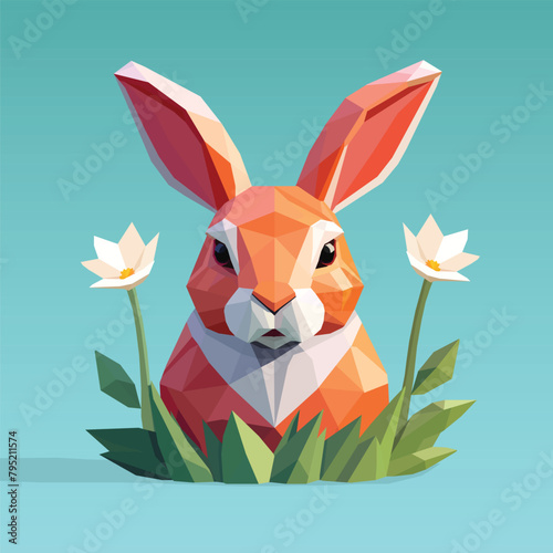 Low poly rabbit with flowers geometric polygonal style vector illustration