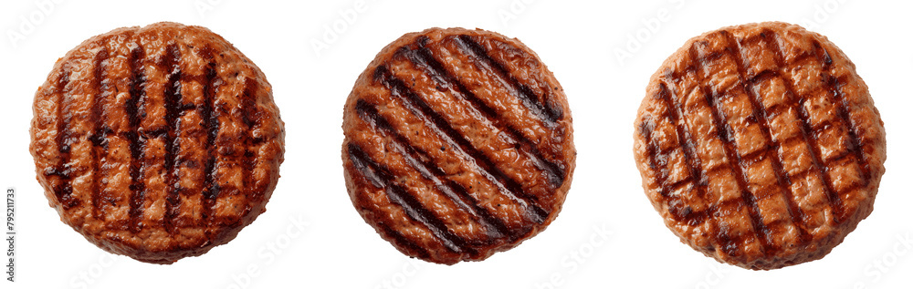 Three hamburgers with grill marks on them Set of png elements. Three hamburgers with grill marks on them Set of png elements.