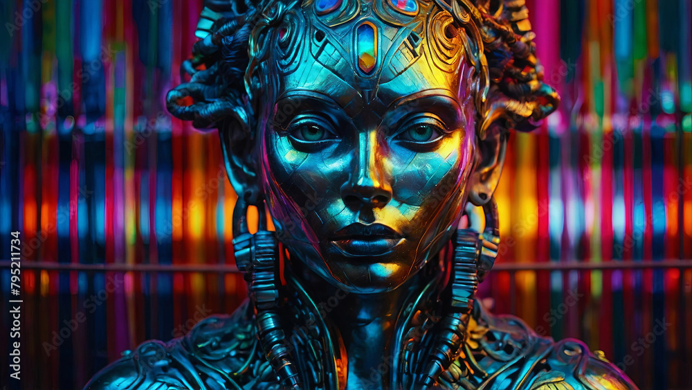 A woman with a metallic face stands in front of a colorful background