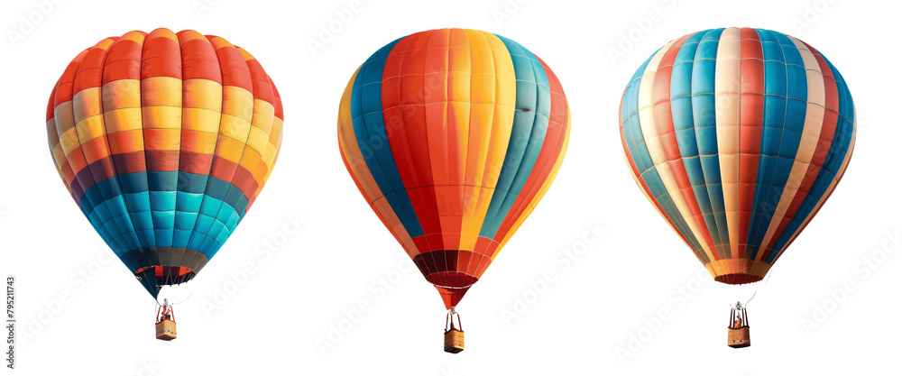 Fototapeta premium Three hot air balloons with different colors and patterns Set of png elements.