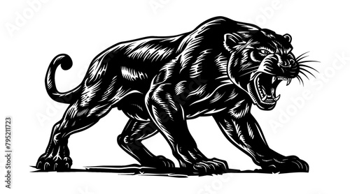 panther engraving black and white outline