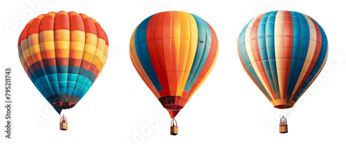 Three hot air balloons with different colors and patterns Set of png elements. photo