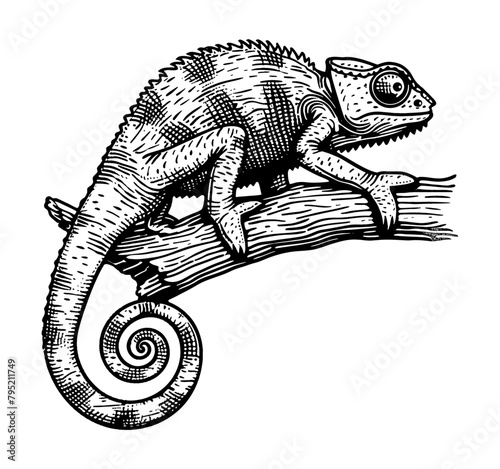 chameleon engraving black and white outline