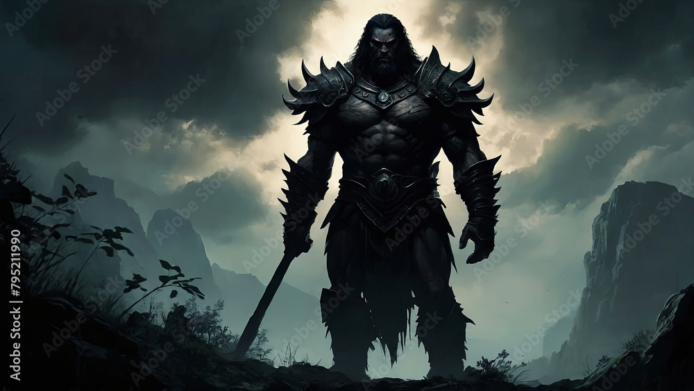 A man with a sword is standing in a dark, cloudy sky A man with a sword is standing in a dark, cloudy sky