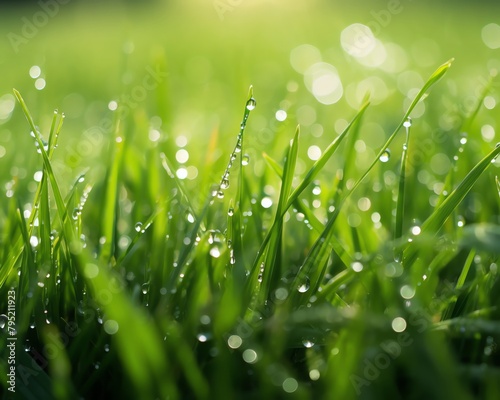 Closeup of a natural grass border with dew drops in the early morning light, emphasizing the freshness and natural beauty of the lawn