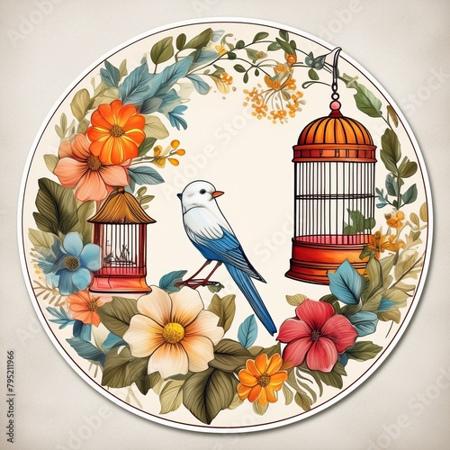Circular Floral Wreath Stickers showcasing vintage illustrations of birdcages 