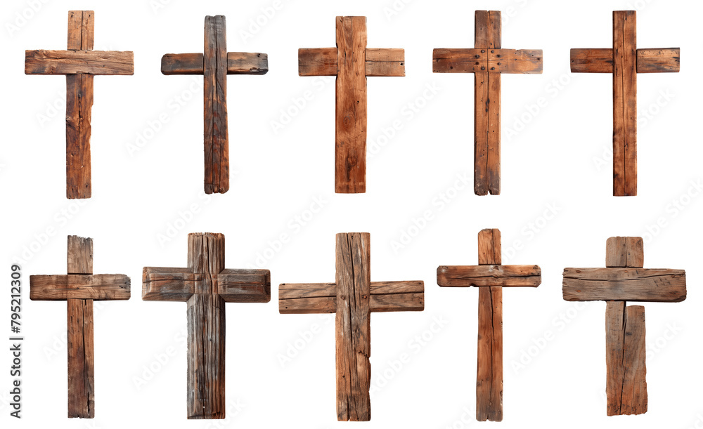 A series of wooden crosses are shown in various sizes and orientations Set of png elements. A series of wooden crosses are shown in various sizes and orientations Set of png elements.