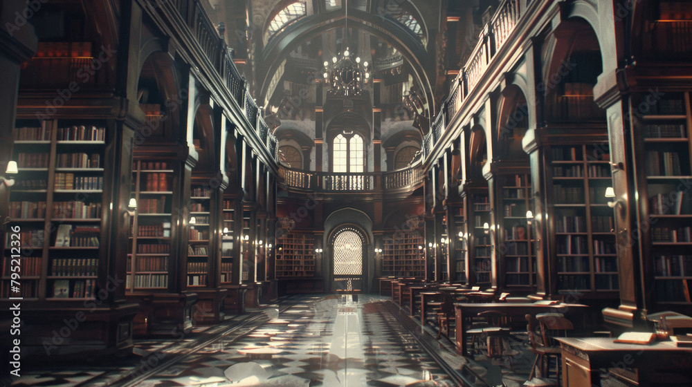 A large library with many bookshelves and a lot of books