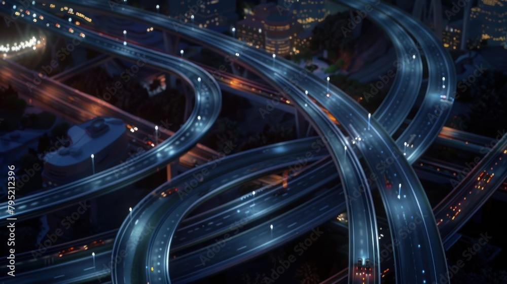 Aerial view of curvy city highway overpass with beautiful lights at night scene. AI generated image