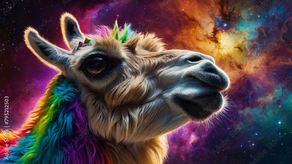 Obraz premium A colorful camel with rainbow fur is staring at the camera